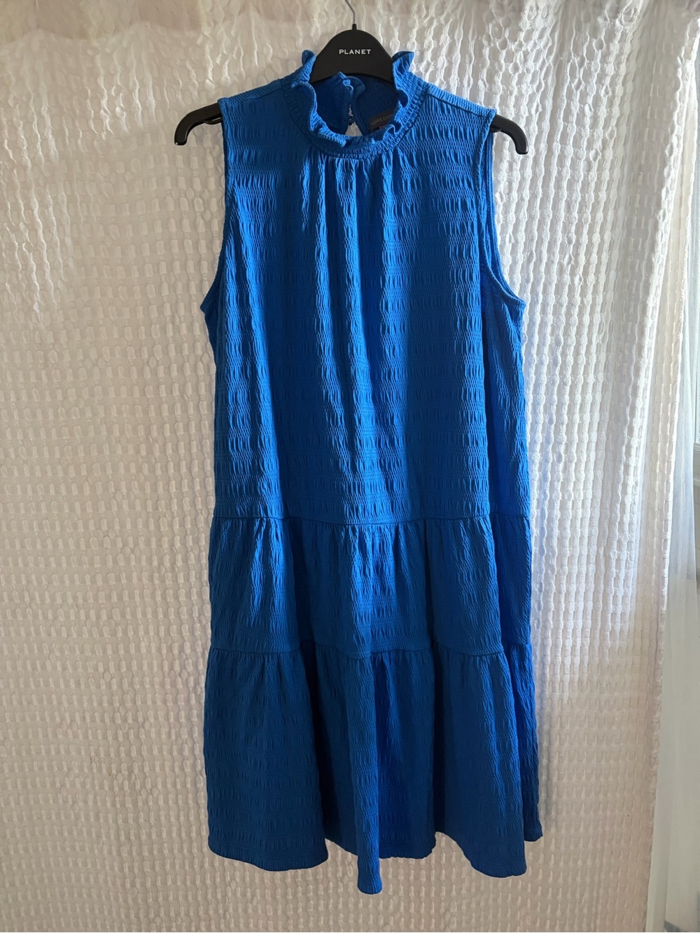 Vince Camuto Royal Blue Sleeveless Ruffled Neck Tiered Midi Dress